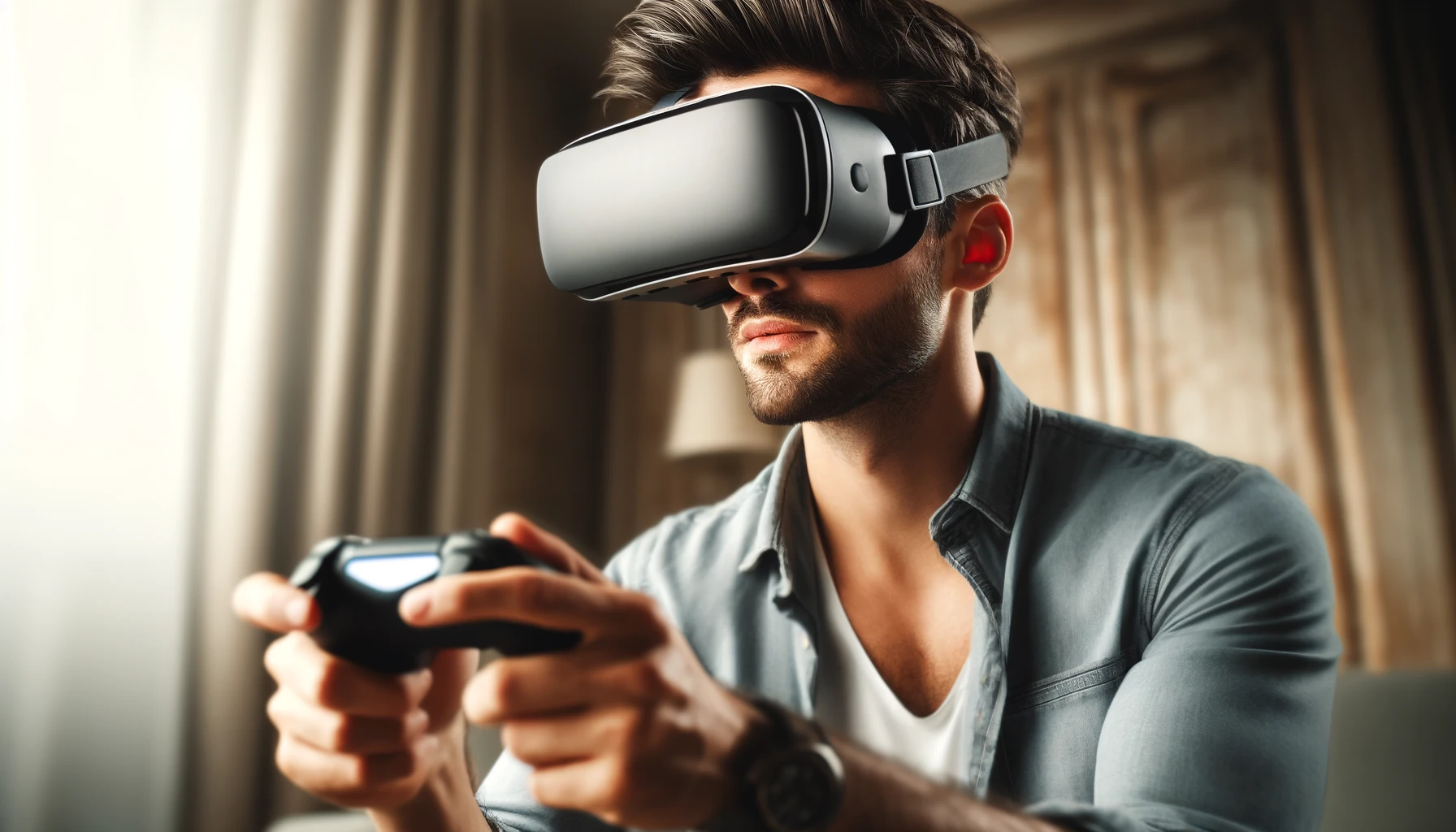 A handsome man is fully immersed in playing virtual reality games