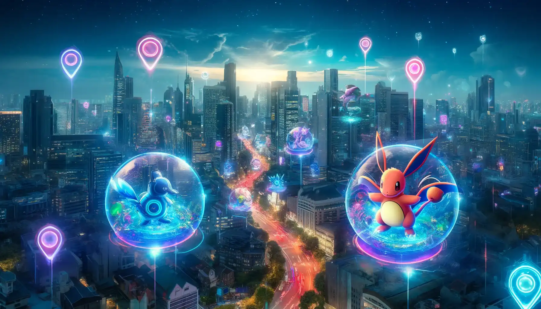 A cityscape with landmarks subtly overlaid with holographic images of magical creatures, reflecting the integration of augmented reality in mobile games.