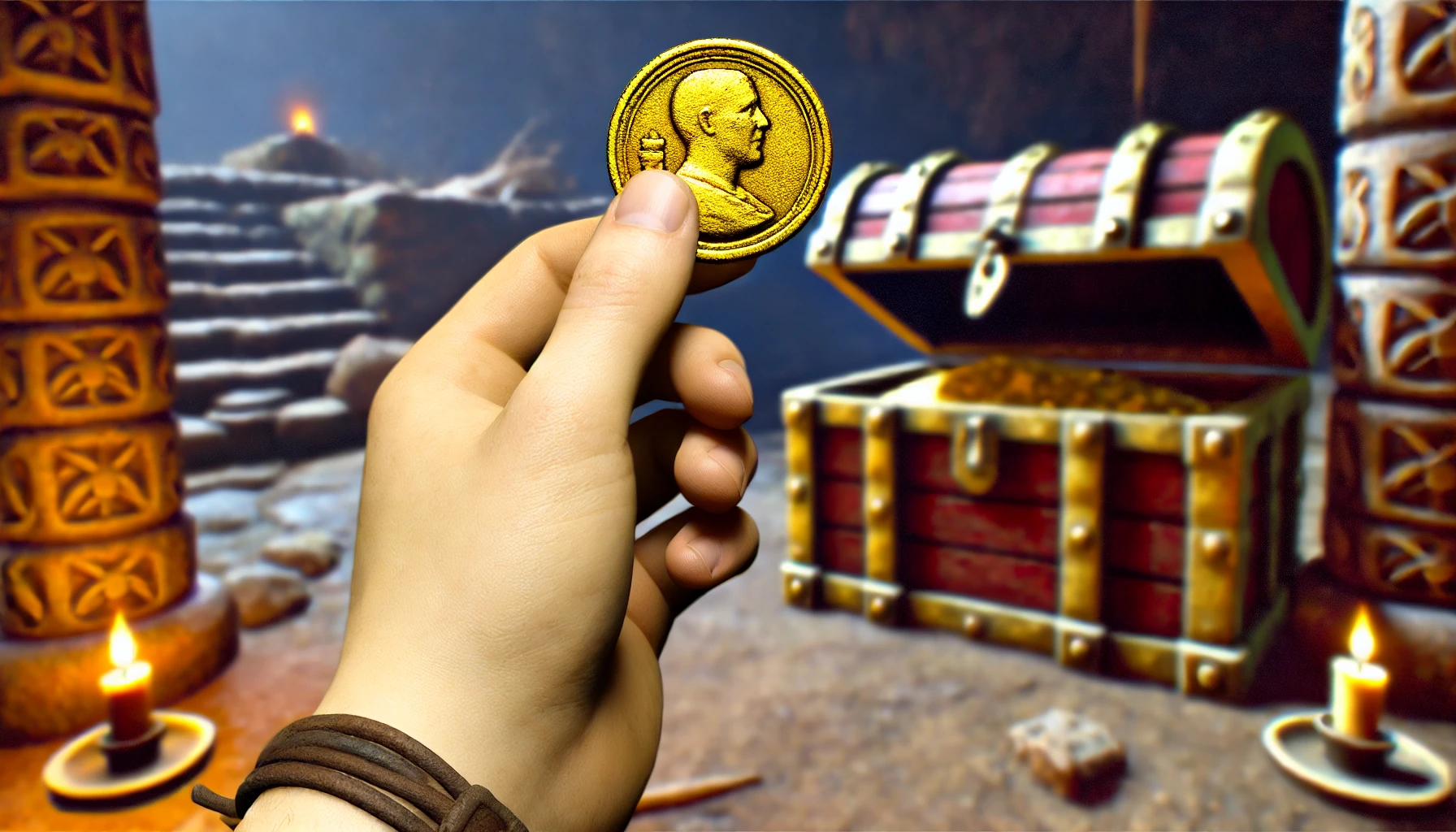 A close-up of a hand holding a gold coin against a backdrop of an ancient ruin in a video game, with treasure chests and artifacts scattered around.