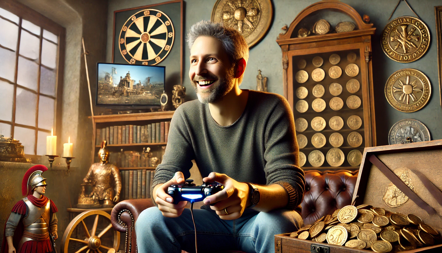 a smiling middle-aged man holding a gaming controller, seated in a cozy room filled with coin collectibles, shelves with ancient coins, and relics.
