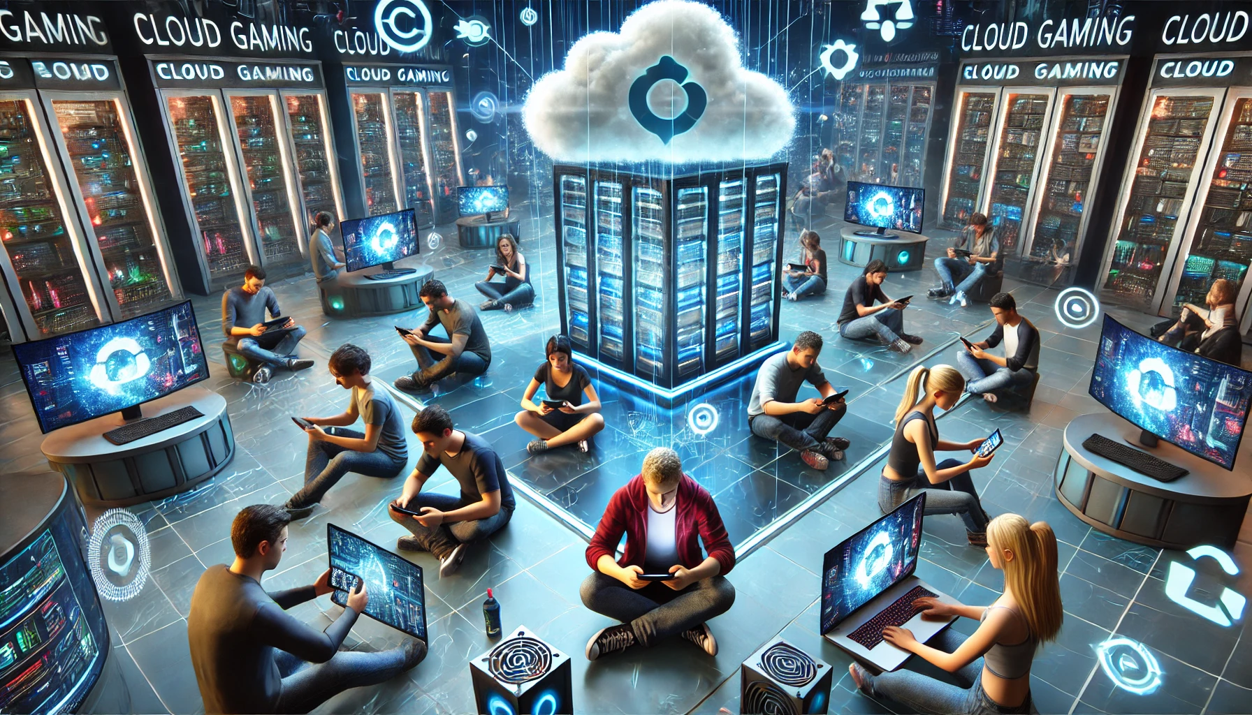 a diverse group of gamers enjoying cloud gaming on different devices, including smartphones, tablets, and laptops, in a modern, high-tech environment.