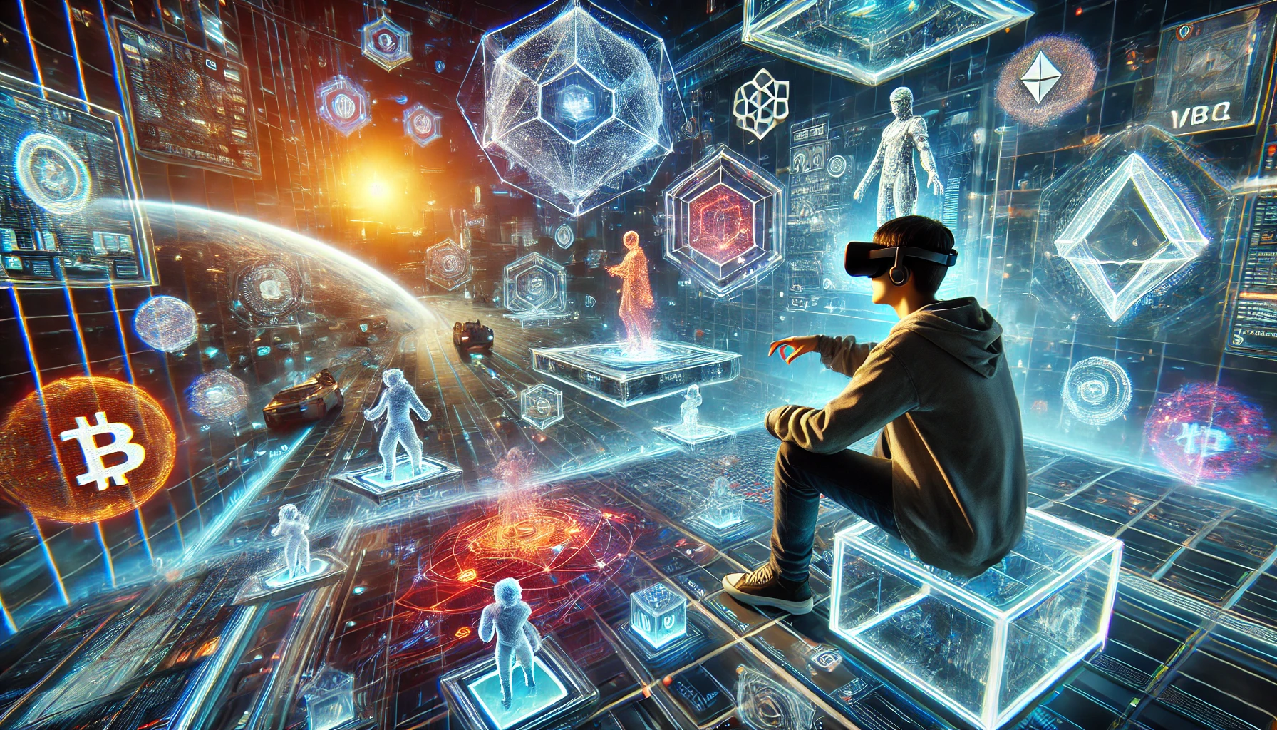 a futuristic gaming scene immersed in a high-tech virtual reality metaverse, with elements of AR, generative AI, and blockchain assets creating an interactive, immersive experience.