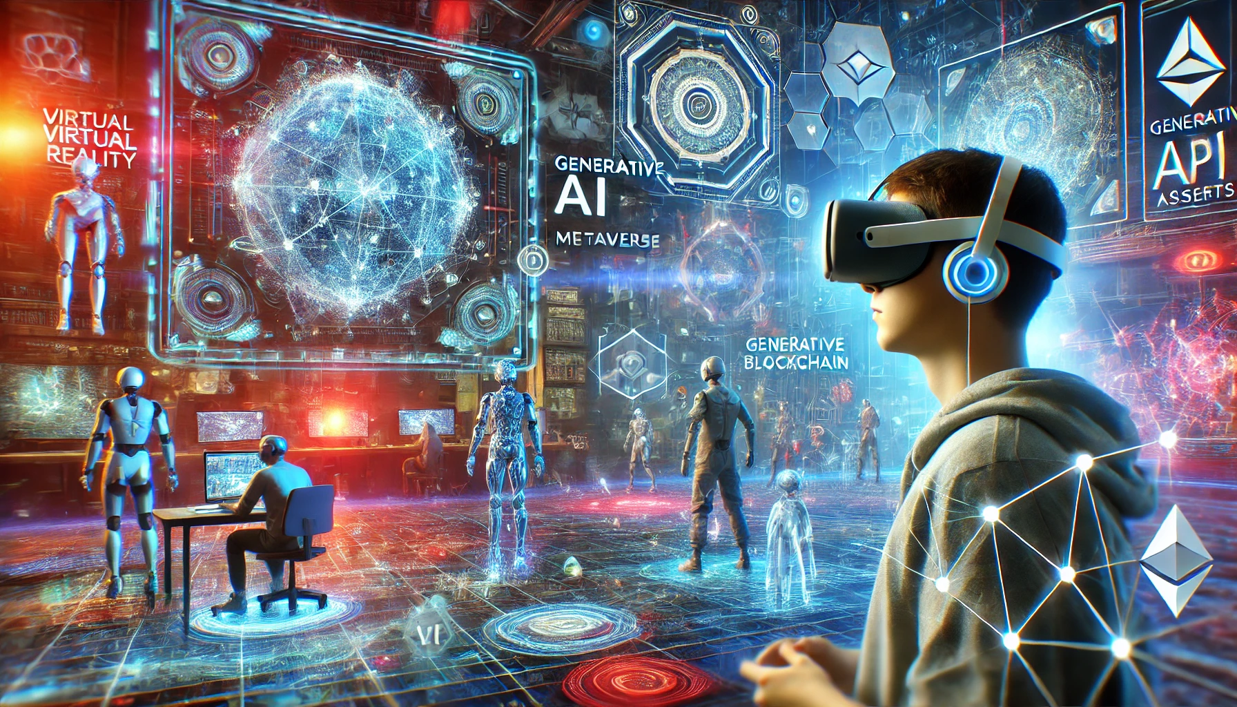 futuristic gaming scene showing a player immersed in a virtual reality metaverse.