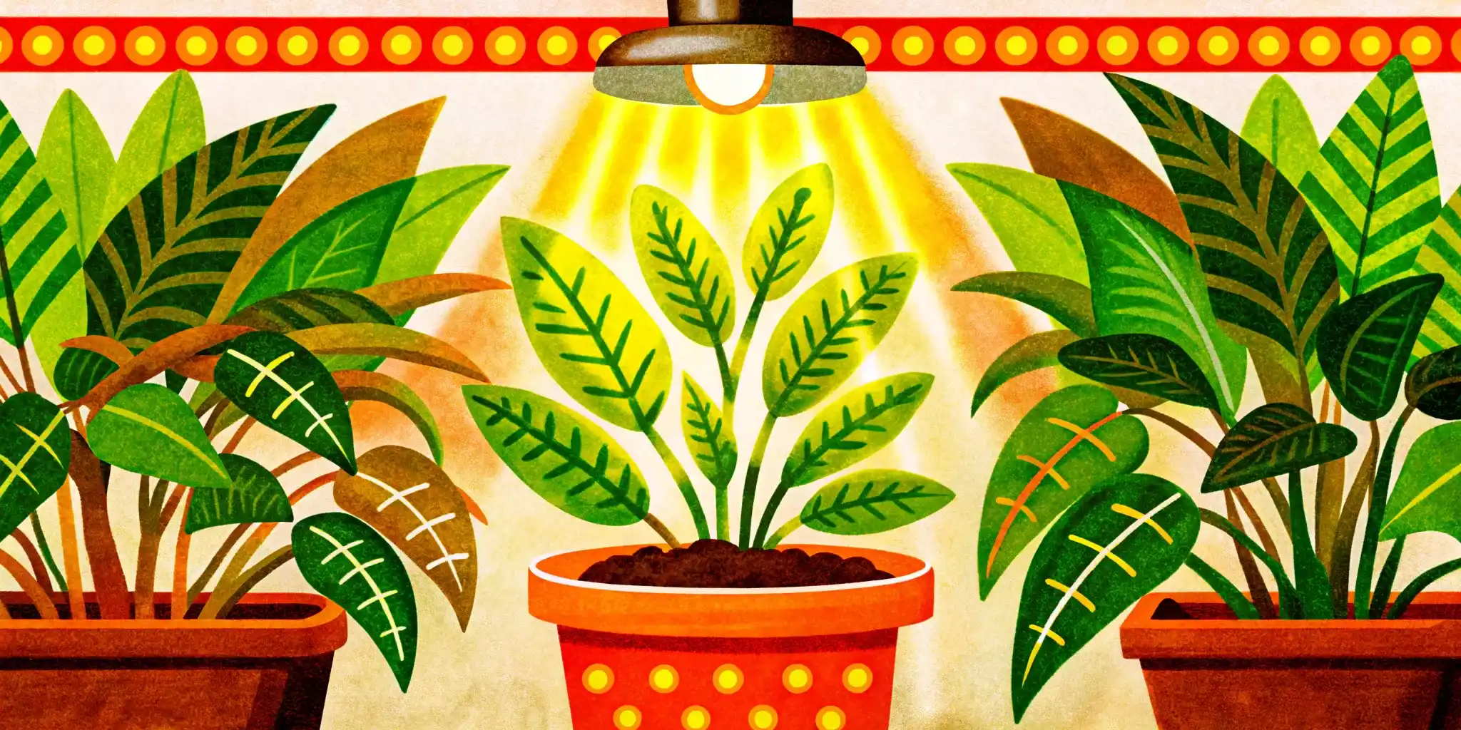 a plant in a pot under a lamp