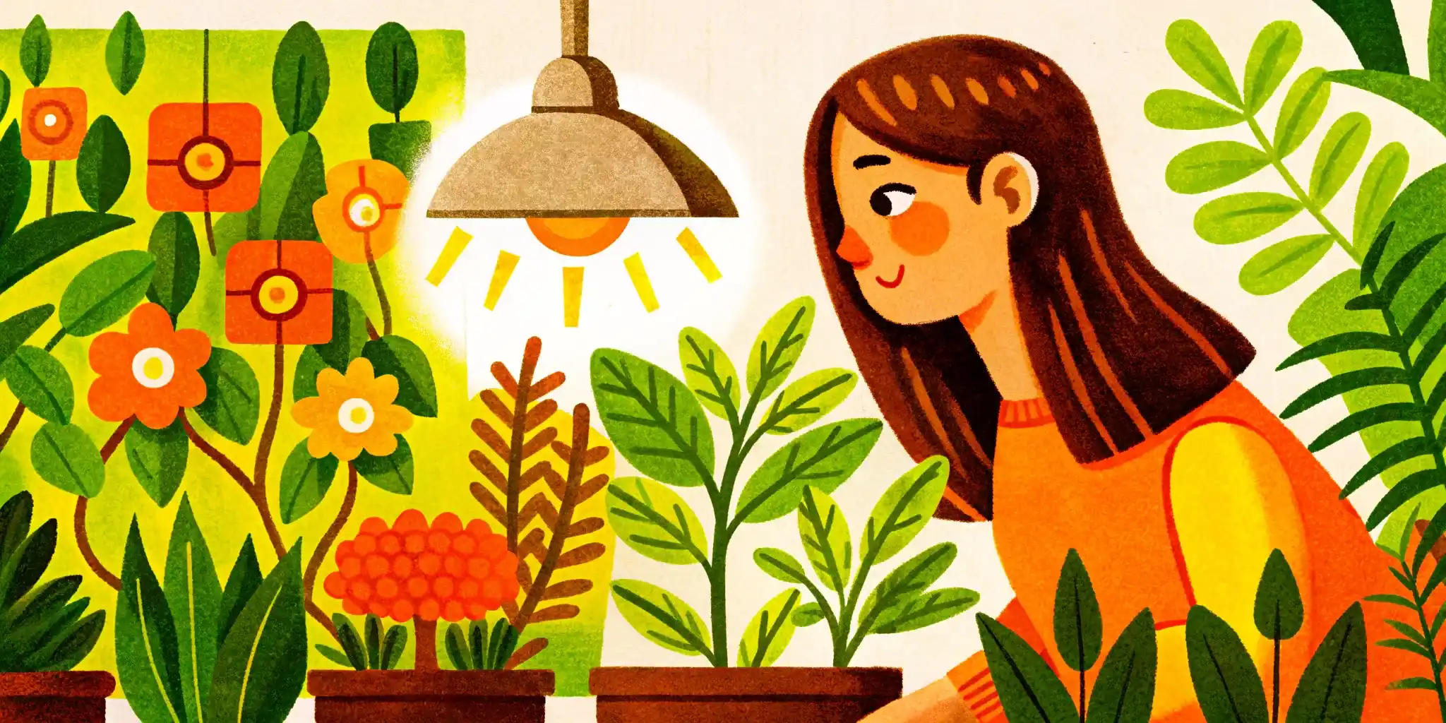 woman is looking at the LED lamp near the plants