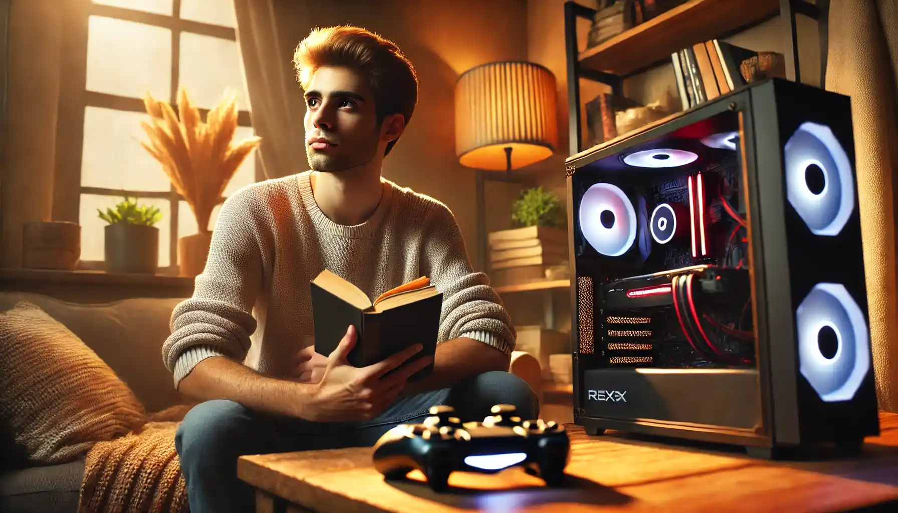 A young man is sitting in a cozy living room, looking away from his gaming setup with a thoughtful expression.