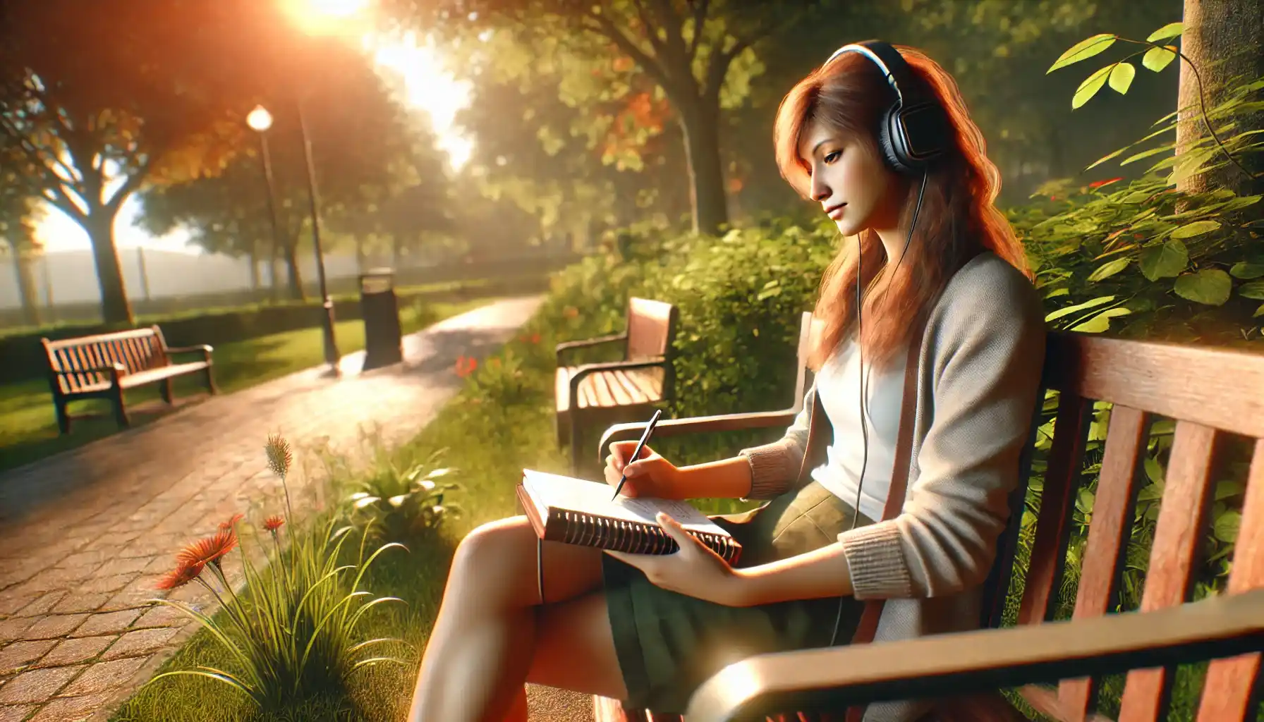 A young woman is sitting in a park, enjoying a gaming detox. She is relaxing on a bench, listening to music with headphones while holding a notebook and pen
