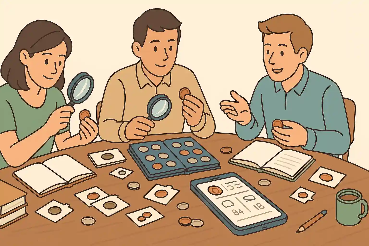 Friends discuss their coin collection at the gathering.
