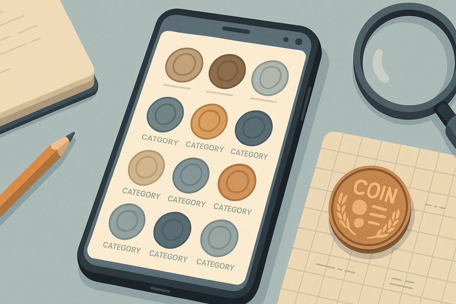 An interface of a coin scanning app with categories displayed.