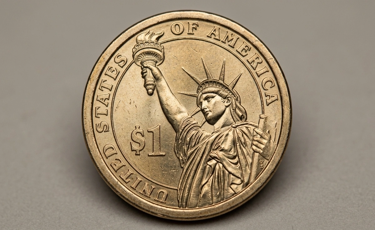 Macro photograph of Monroe dollar coin centered